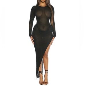 NWT Naked Wardrobe Sheer Asymmetrical Black Long Sleeve Dress